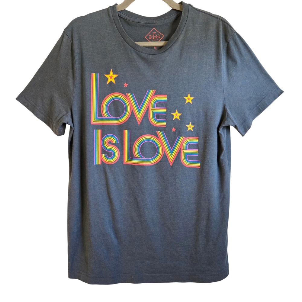 Well Worn Retro Love Is Love Rainbow Graphic Tee Heather Blue Pride Shirt Mens M